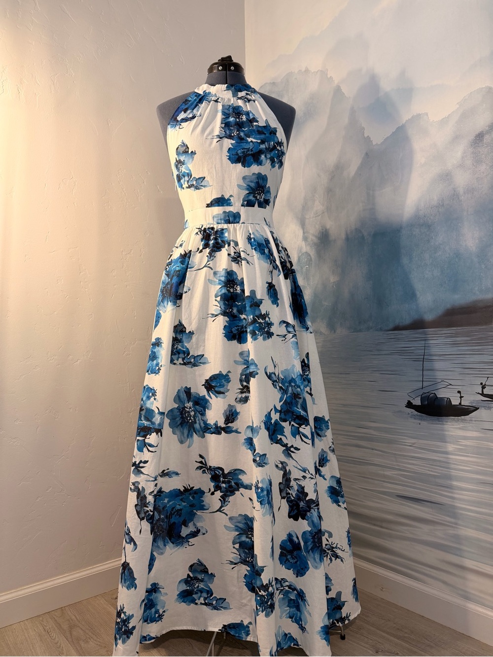 White Maxi Dress with Blue Floral Halter 228